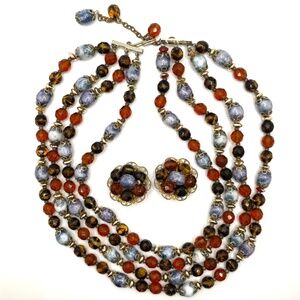 Vintage 4 Strand Acrylic Stone Necklace Clip Earrings Set